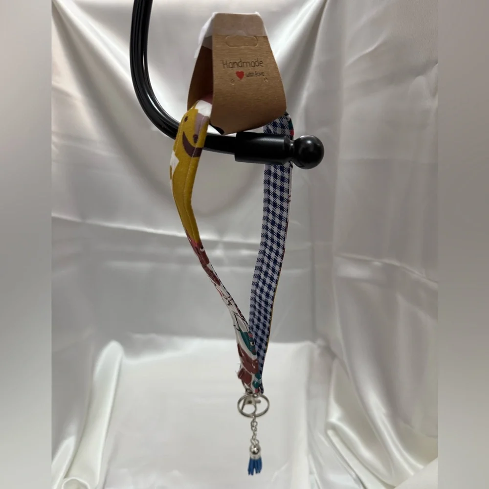 Handmade Plaid Cats Wristlet Keychain with Navy Blue Tassel
